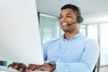 Tech support, callcenter and happy man with phone call, headset and sales consultant in customer service. Lead Royalty Free Stock Photo