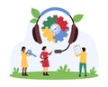 Tech support service, call center and hotline with technicians, big headphones and puzzle