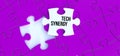 Tech Synergy text message on puzzle. White piece puzzle and purple background 3D rendering