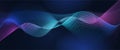 Vector Abstract flowing wave line, particle dot pattern, neon light on dark blue gradient background.