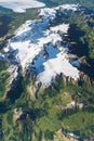 Technical aerial visualization of a glacier region showing elevation contours and ice flow paths in 3D.