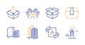 Technical algorithm, Skyscraper buildings and Open box icons set. Send box, Buildings and Lighthouse signs. Vector