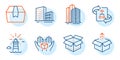 Technical algorithm, Skyscraper buildings and Open box icons set. Send box, Buildings and Lighthouse signs. Vector Royalty Free Stock Photo