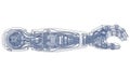 Technical blueprint of advanced bionic prosthetic arm showing internal mechanical and electronic components. prosthetic limb Royalty Free Stock Photo