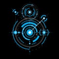 Technical blueprint, blue vector digital background with geometric design elements, circles. Illustration of engineering