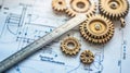 Technical blueprint of mechanical engineering with gears and drafting tools Royalty Free Stock Photo