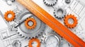 Technical blueprint of mechanical engineering with gears and drafting tools Royalty Free Stock Photo