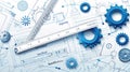 Technical blueprint of mechanical engineering with gears and drafting tools Royalty Free Stock Photo