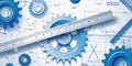 Technical blueprint of mechanical engineering with gears and drafting tools Royalty Free Stock Photo