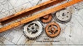 Technical blueprint of mechanical engineering with gears and drafting tools Royalty Free Stock Photo