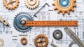 Technical blueprint of mechanical engineering with gears and drafting tools Royalty Free Stock Photo