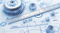 Technical blueprint of mechanical engineering with gears and drafting tools Royalty Free Stock Photo