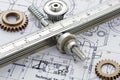 Technical blueprint of mechanical engineering with gears and drafting tools Royalty Free Stock Photo