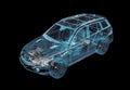 Technical 3d illustration of SUV car with x-ray effect and powertrain system