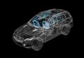 Technical 3d illustration of SUV car with xray effect and airbags system Royalty Free Stock Photo