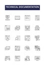 Technical documentation line vector icons and signs. Guide, Help, Support, Tutorial, Knowledgebase, Manuals, Directives