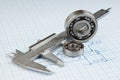 Technical drawing and callipers with bearing Royalty Free Stock Photo