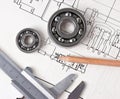 Technical drawing and callipers Royalty Free Stock Photo