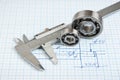 Technical drawing and callipers with bearing Royalty Free Stock Photo