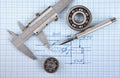 Technical drawing and callipers Royalty Free Stock Photo