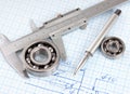 Technical drawing and callipers with bearing Royalty Free Stock Photo