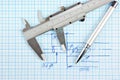 Technical drawing and callipers with pen Royalty Free Stock Photo