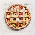 Technical drawing of a colorful apple pie, for Pi Day.