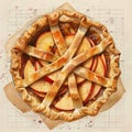 Technical drawing of a colorful apple pie, for Pi Day.