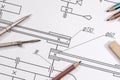 technical drawing detail and several drawing tools Royalty Free Stock Photo