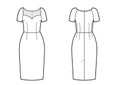 Technical drawing of elegant dress. Front and back views