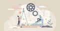 Technical drawing with mechanical blueprint design sketch tiny person concept