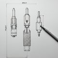 Technical drawing of a mechanical component showing three different views: front, Royalty Free Stock Photo