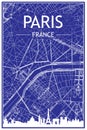 Hand-drawn panoramic city skyline poster with downtown streets network of PARIS, FRANCE Royalty Free Stock Photo