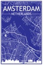 Hand-drawn panoramic city skyline poster with downtown streets network of AMSTERDAM, NETHERLANDS