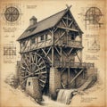 Technical Drawing of Wooden Waterwheel Mill Royalty Free Stock Photo