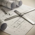 Technical drawings and blueprints are spread on a table, accompanied by drafting Royalty Free Stock Photo