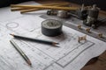 Technical drawings tools on work table. Generate Ai