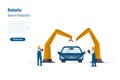 Technical engineers monitor and control rototics automation arms in car automotive production line. Smart factory using artificial