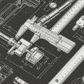 Technical illustration of engineering tools, including a caliper and ruler, depicted in Royalty Free Stock Photo