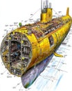 Detailed cutaway diagram of a bathyscaphe showcasing interior compartments and Royalty Free Stock Photo