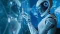 Technical industrial engineer managing robotics with ai and automation technology on tablet