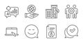 Technical info, Smile and Loan house icons set. Portable computer, Employees teamwork and Seo statistics signs. Vector