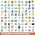 100 technical innovation icons set, flat style