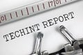 Technical intelligence acronym TECHINT report text, large horizontal macro closeup, typewriter typed enemy weaponry data Royalty Free Stock Photo
