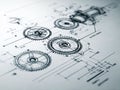 Technical mechanical gear system blueprint with detailed engineering annotations Royalty Free Stock Photo