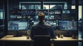 technical operator employee working with multiple computer monitors, displays in system control room