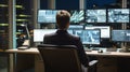 technical operator employee working with multiple computer monitors, displays in system control room