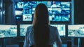 technical operator employee working with multiple computer monitors, displays in system control room
