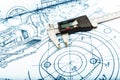 Technical plans with a caliper on the main plan - Zoom in on the caliper Royalty Free Stock Photo