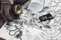 Technical plans with a caliper on the main plan - Zoom in on the caliper Royalty Free Stock Photo